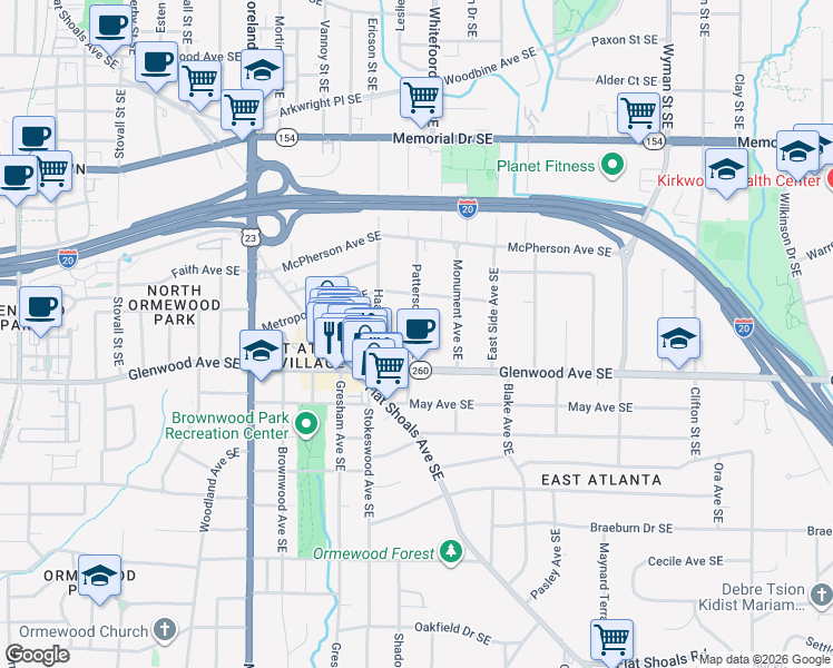 map of restaurants, bars, coffee shops, grocery stores, and more near 481 Patterson Avenue Southeast in Atlanta