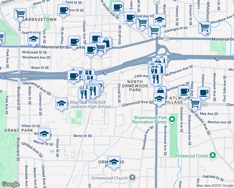 map of restaurants, bars, coffee shops, grocery stores, and more near 486 Stovall Street Southeast in Atlanta