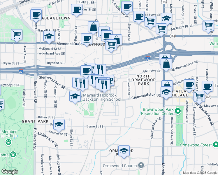 map of restaurants, bars, coffee shops, grocery stores, and more near 480 Bartram Street Southeast in Atlanta