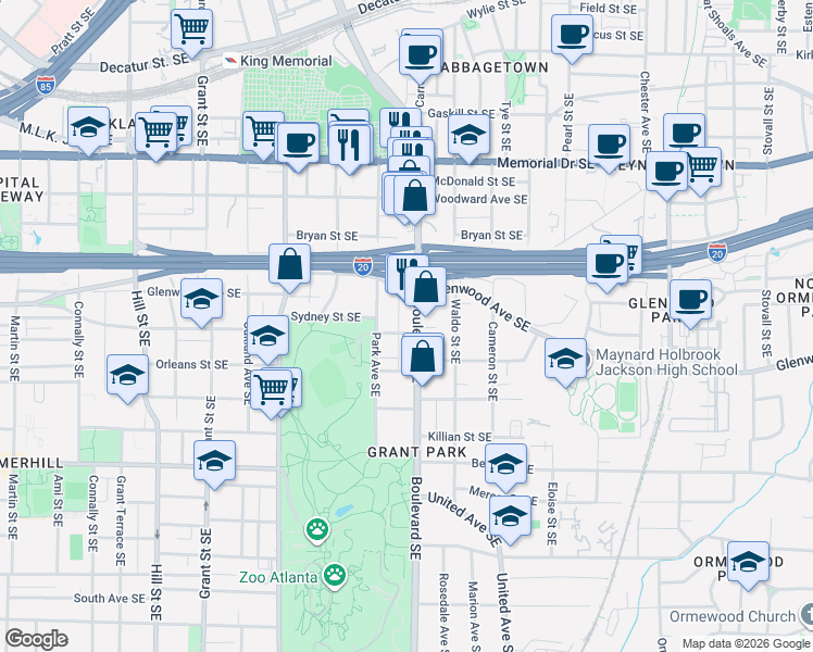 map of restaurants, bars, coffee shops, grocery stores, and more near 565 Sydney Street Southeast in Atlanta