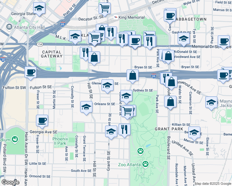 map of restaurants, bars, coffee shops, grocery stores, and more near 370 Sydney Street Southeast in Atlanta