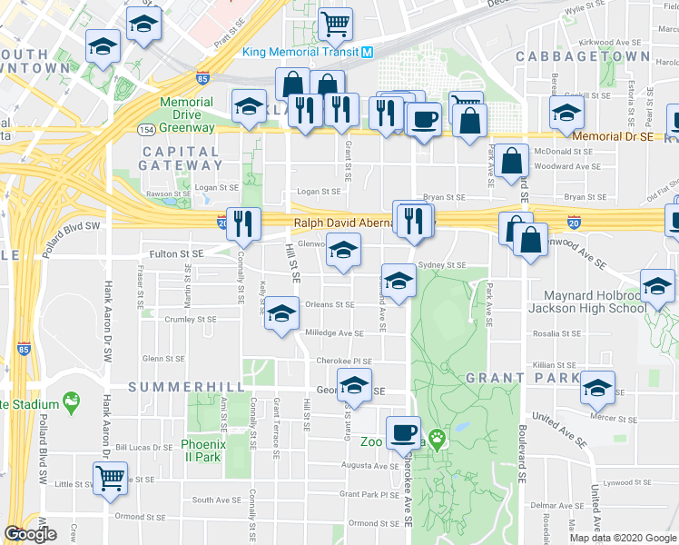 map of restaurants, bars, coffee shops, grocery stores, and more near 501 Grant Street Southeast in Atlanta