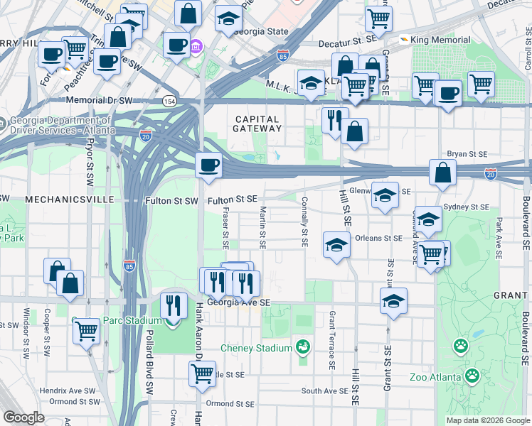 map of restaurants, bars, coffee shops, grocery stores, and more near 488 Martin Street Southeast in Atlanta