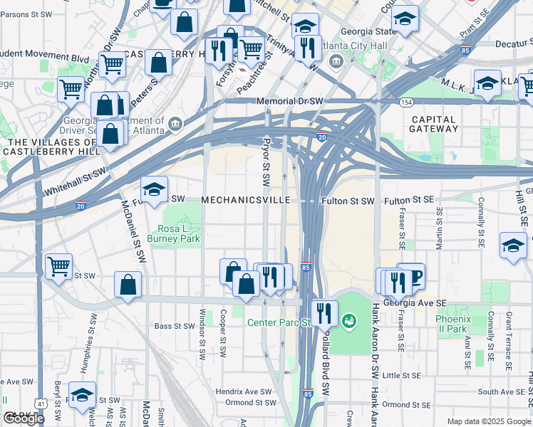 map of restaurants, bars, coffee shops, grocery stores, and more near 509 Pryor Street Southwest in Atlanta