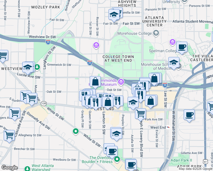 map of restaurants, bars, coffee shops, grocery stores, and more near 1073 Oak Street Southwest in Atlanta