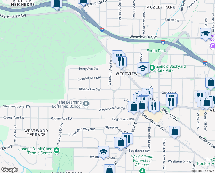 map of restaurants, bars, coffee shops, grocery stores, and more near 524 West Ontario Avenue Southwest in Atlanta