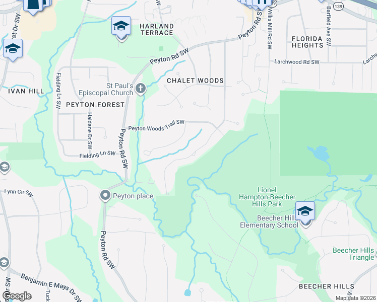map of restaurants, bars, coffee shops, grocery stores, and more near 597 Cativo Drive Southwest in Atlanta