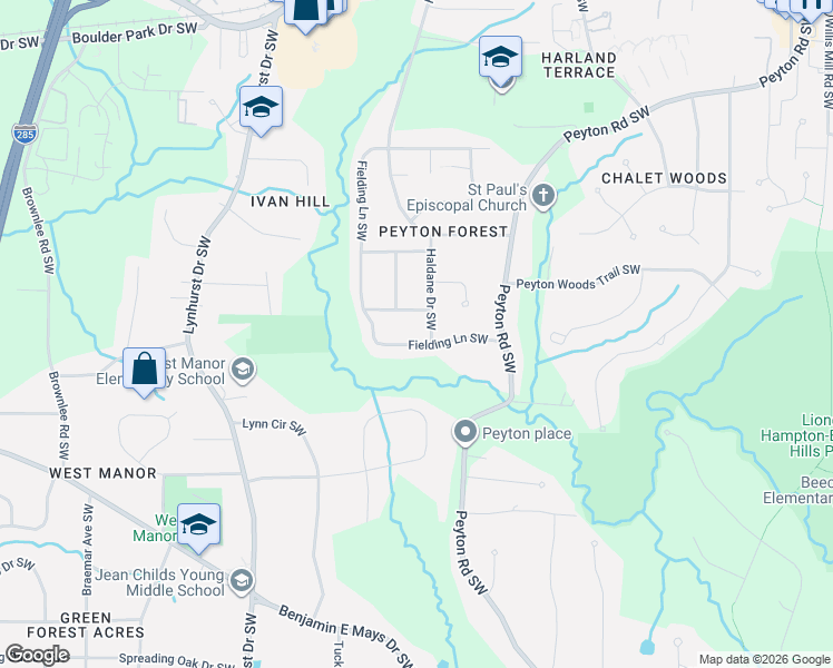 map of restaurants, bars, coffee shops, grocery stores, and more near 584 Fielding Lane Southwest in Atlanta