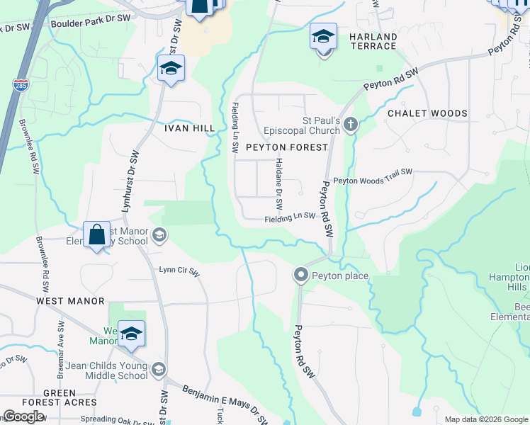 map of restaurants, bars, coffee shops, grocery stores, and more near 584 Fielding Lane Southwest in Atlanta