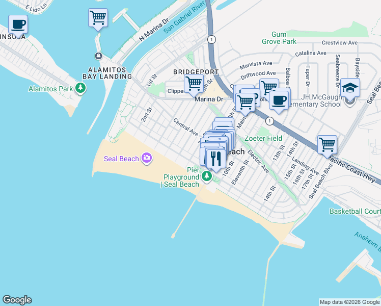 map of restaurants, bars, coffee shops, grocery stores, and more near 114 7th Street in Seal Beach