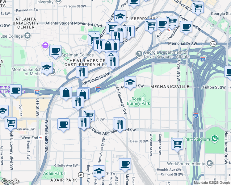 map of restaurants, bars, coffee shops, grocery stores, and more near 555 McDaniel Street Southwest in Atlanta