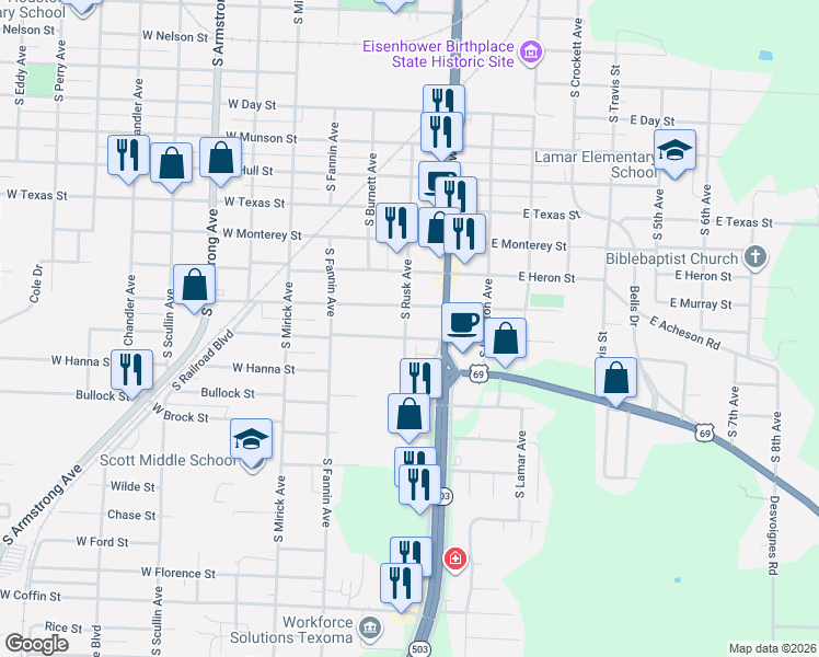 map of restaurants, bars, coffee shops, grocery stores, and more near 223 West Acheson Street in Denison