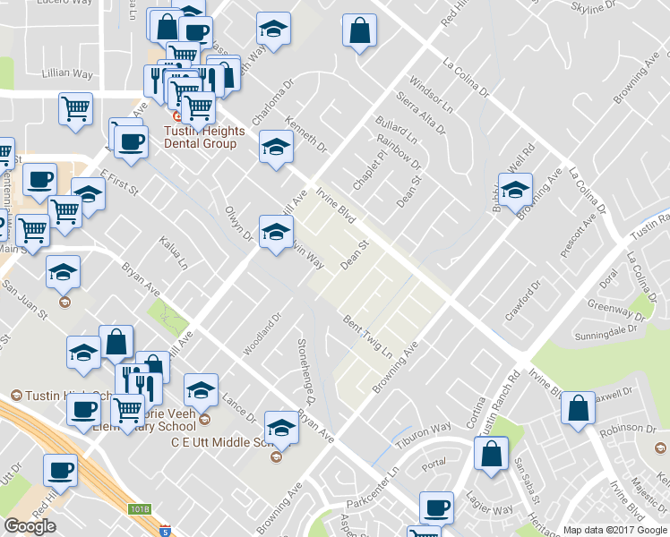 map of restaurants, bars, coffee shops, grocery stores, and more near 13121 Dean Street in Tustin