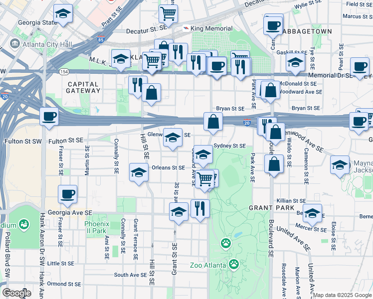 map of restaurants, bars, coffee shops, grocery stores, and more near 370 Sydney Street Southeast in Atlanta