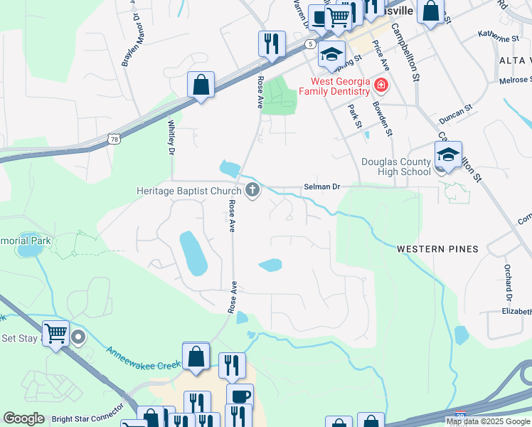 map of restaurants, bars, coffee shops, grocery stores, and more near 8838 West Hills Court in Douglasville