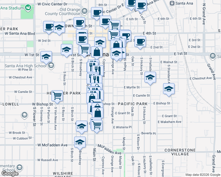 map of restaurants, bars, coffee shops, grocery stores, and more near 508 South Orange Avenue in Santa Ana