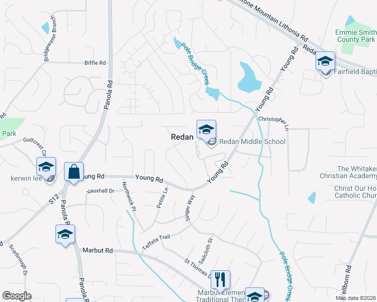map of restaurants, bars, coffee shops, grocery stores, and more near 1716 Charmeth Road in Lithonia
