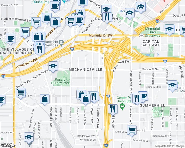 map of restaurants, bars, coffee shops, grocery stores, and more near 509 Pryor Street Southwest in Atlanta