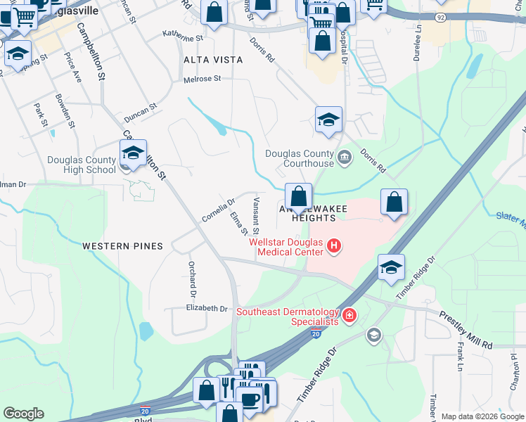 map of restaurants, bars, coffee shops, grocery stores, and more near 8809 Vansant Street in Douglasville