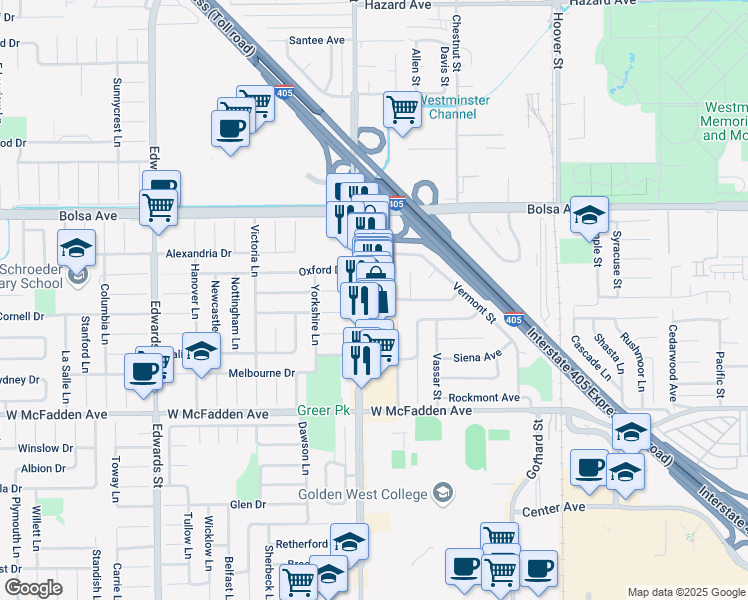 map of restaurants, bars, coffee shops, grocery stores, and more near 15216 Goldenwest Street in Westminster