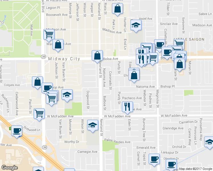 map of restaurants, bars, coffee shops, grocery stores, and more near 15232 Clemente Street in Westminster