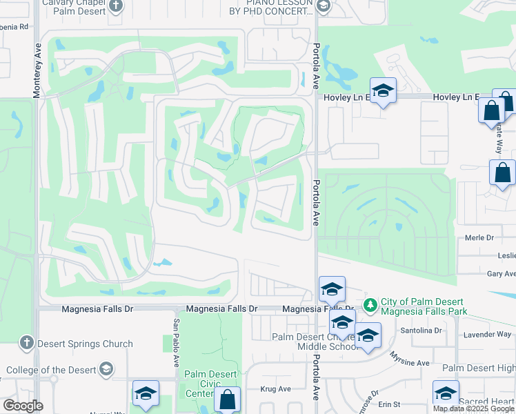 map of restaurants, bars, coffee shops, grocery stores, and more near 1 Presidio Place in Palm Desert