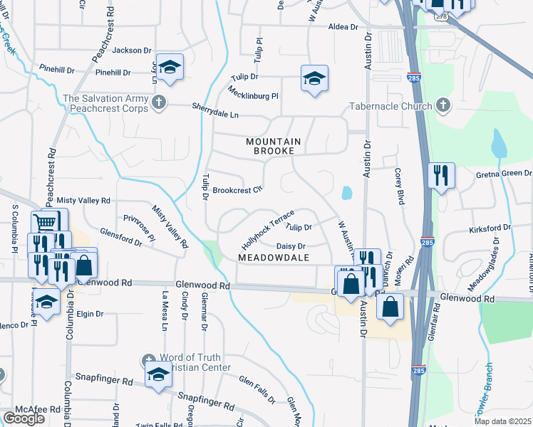 map of restaurants, bars, coffee shops, grocery stores, and more near 1717 Hollyhock Terrace in Decatur