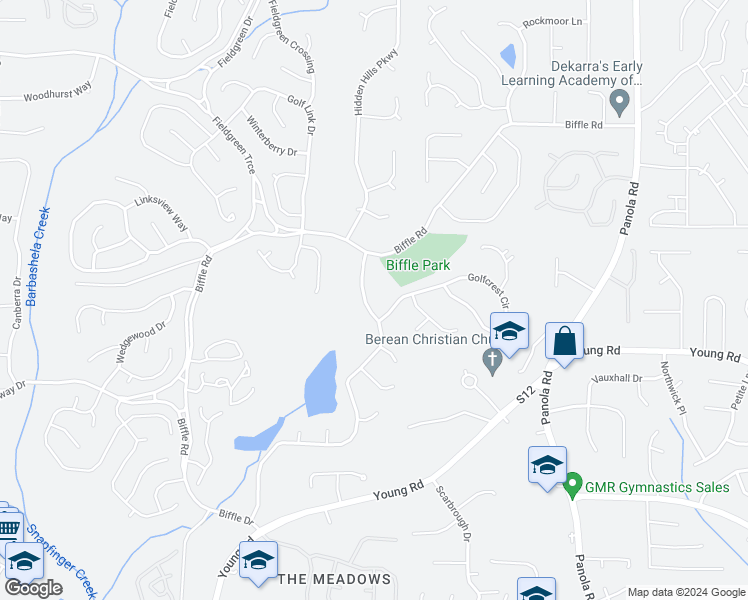 map of restaurants, bars, coffee shops, grocery stores, and more near 1674 South Hidden Hills Parkway in Stone Mountain