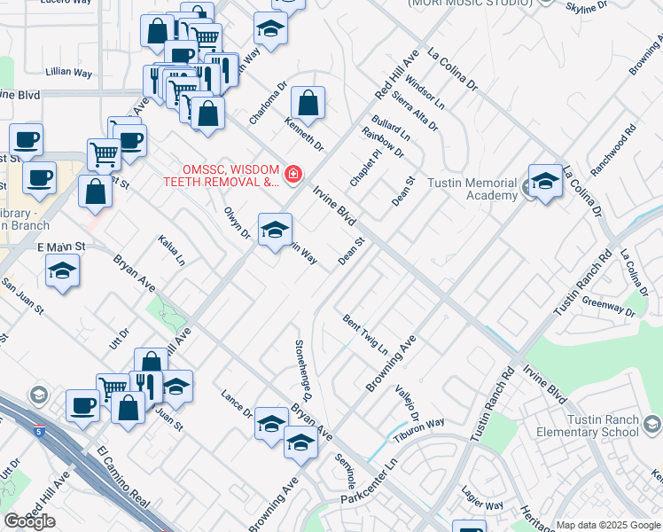map of restaurants, bars, coffee shops, grocery stores, and more near 13121 Dean Street in Tustin
