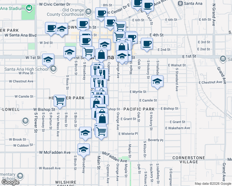 map of restaurants, bars, coffee shops, grocery stores, and more near 508 South Orange Avenue in Santa Ana