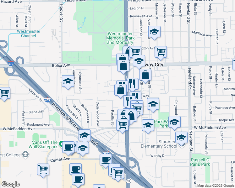 map of restaurants, bars, coffee shops, grocery stores, and more near 15232 Xavier Circle in Westminster