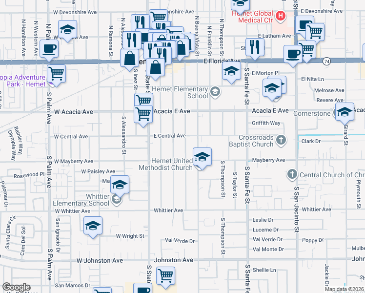 map of restaurants, bars, coffee shops, grocery stores, and more near 429 South Juanita Street in Hemet