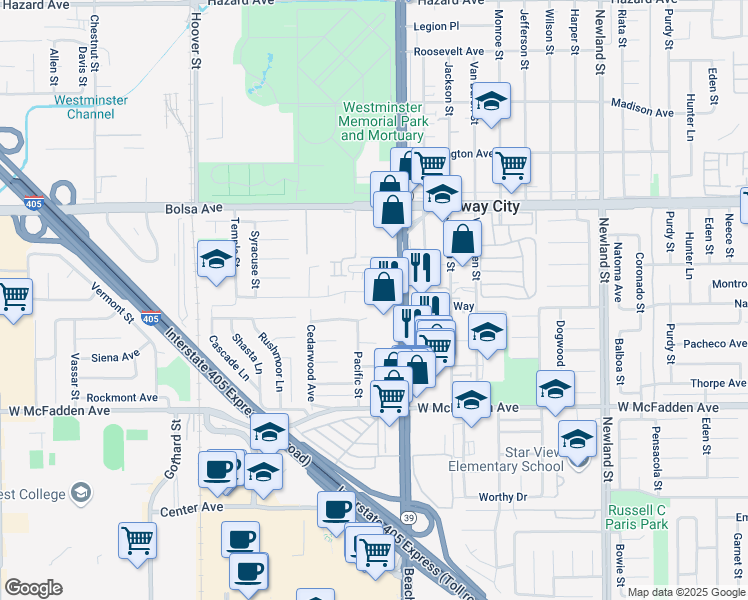 map of restaurants, bars, coffee shops, grocery stores, and more near 15232 Xavier Circle in Westminster