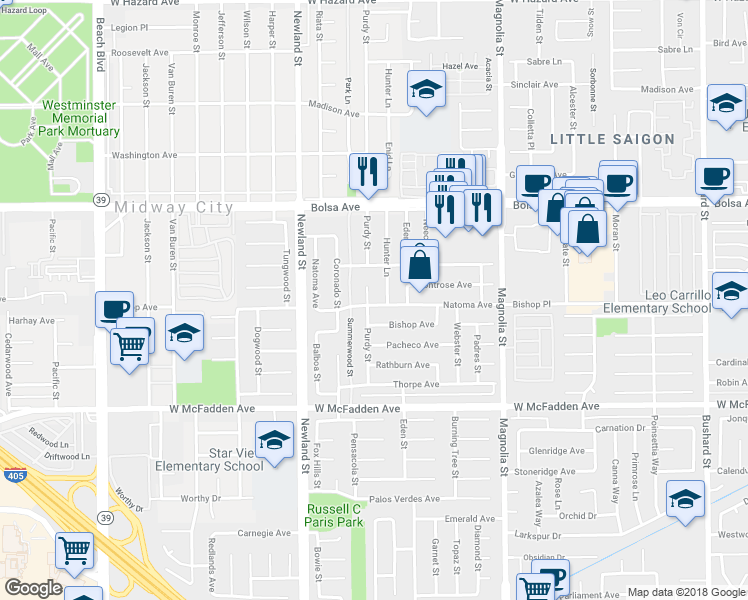 map of restaurants, bars, coffee shops, grocery stores, and more near 15232 Purdy Street in Westminster