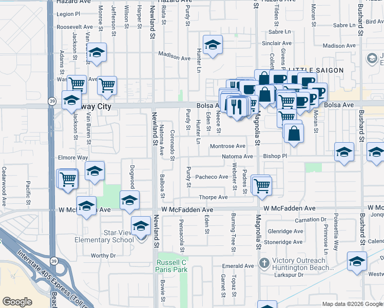 map of restaurants, bars, coffee shops, grocery stores, and more near 15232 Purdy Street in Westminster