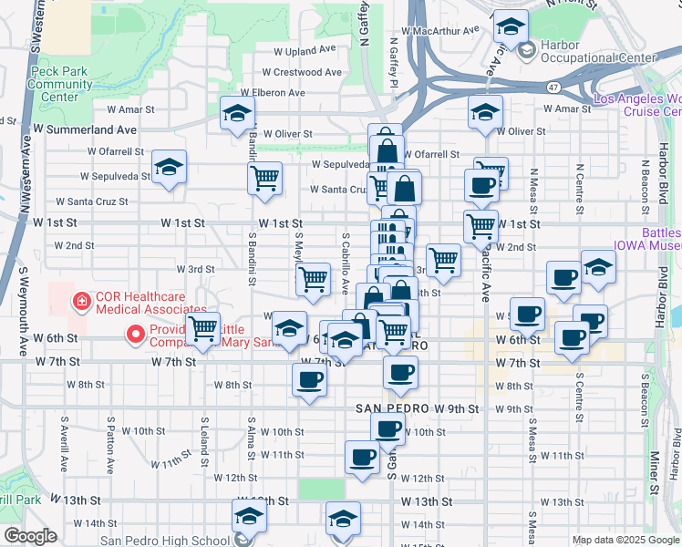 map of restaurants, bars, coffee shops, grocery stores, and more near 301 South Cabrillo Avenue in Los Angeles