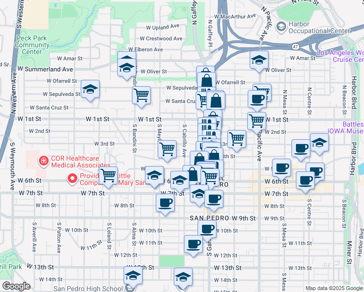 map of restaurants, bars, coffee shops, grocery stores, and more near 301 South Cabrillo Avenue in Los Angeles