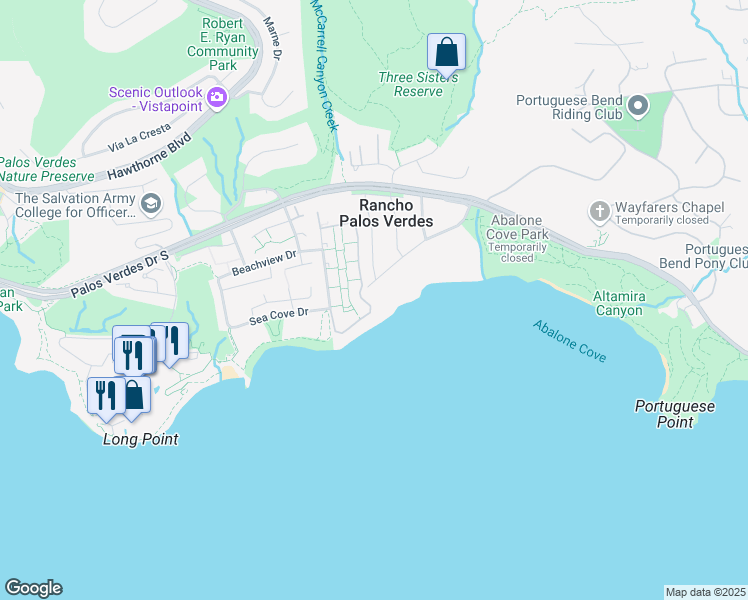 map of restaurants, bars, coffee shops, grocery stores, and more near 44 Sea Cove Drive in Rancho Palos Verdes
