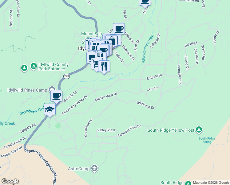 map of restaurants, bars, coffee shops, grocery stores, and more near 54450 Marian View Drive in Idyllwild-Pine Cove
