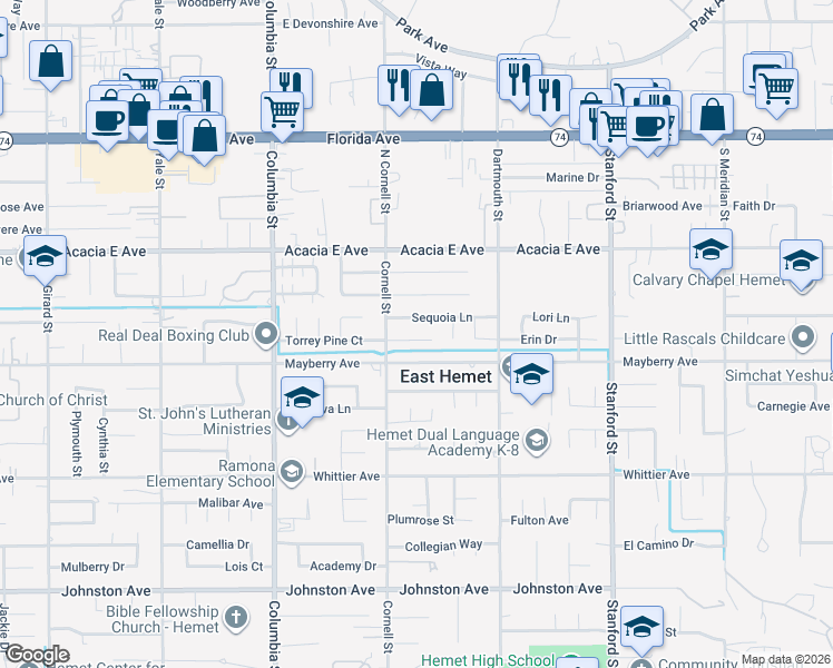 map of restaurants, bars, coffee shops, grocery stores, and more near 41320 Torrey Pine Court in Hemet