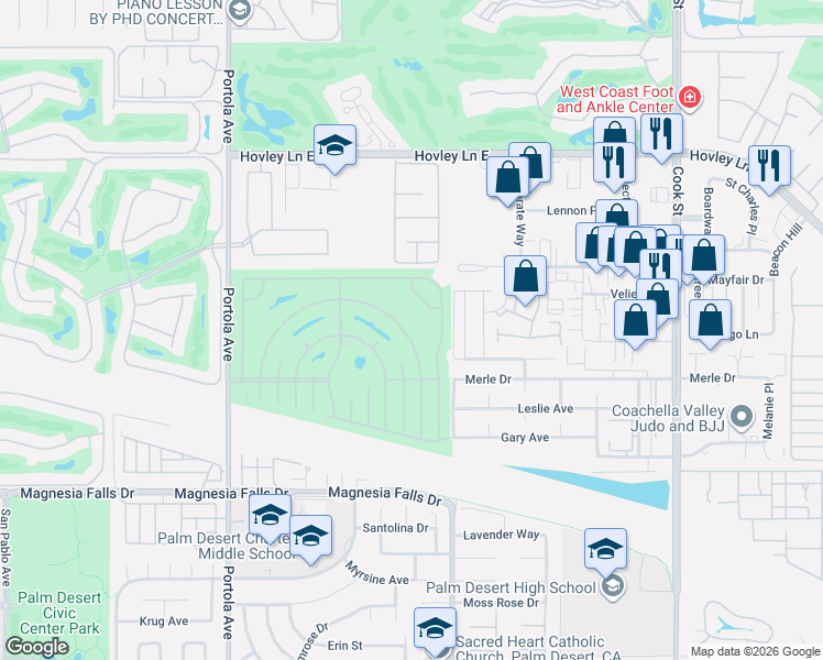 map of restaurants, bars, coffee shops, grocery stores, and more near 74489 Zircon Circle West in Palm Desert