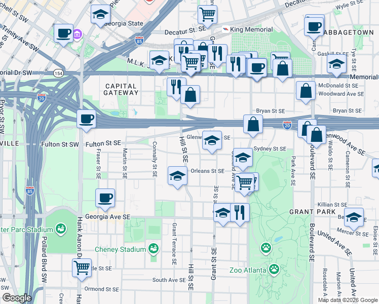 map of restaurants, bars, coffee shops, grocery stores, and more near 503 Broyles Street Southeast in Atlanta