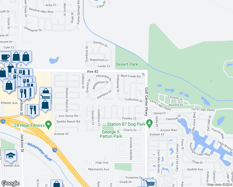 map of restaurants, bars, coffee shops, grocery stores, and more near 42363 Hideaway Street in Indio