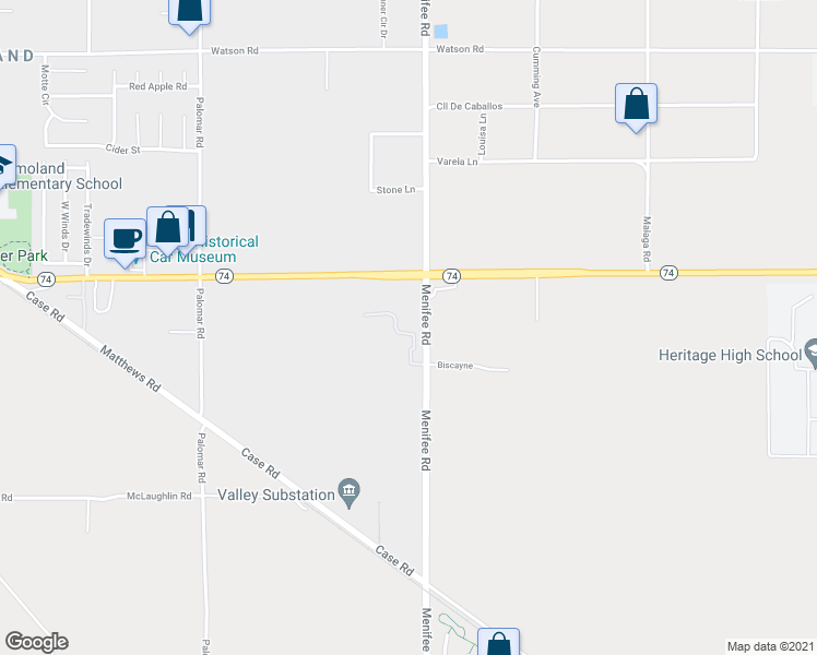 map of restaurants, bars, coffee shops, grocery stores, and more near 26125 Menifee Road in Menifee