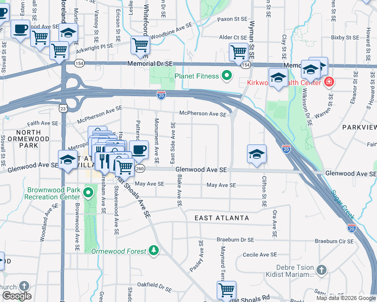 map of restaurants, bars, coffee shops, grocery stores, and more near 463 Blake Avenue Southeast in Atlanta
