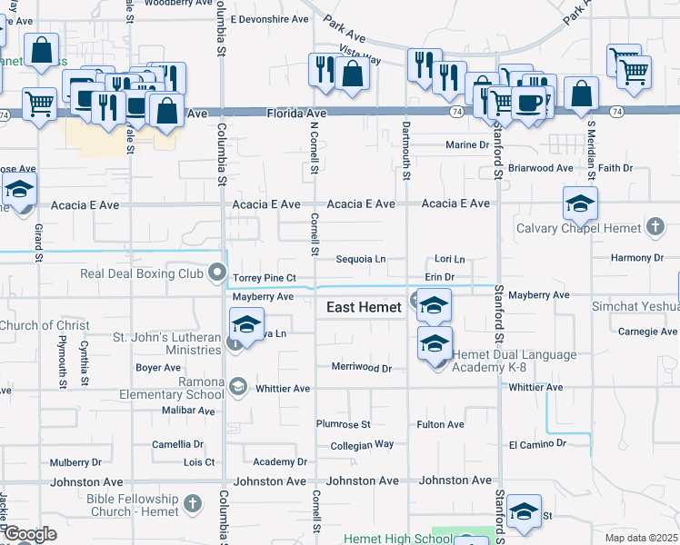 map of restaurants, bars, coffee shops, grocery stores, and more near 41320 Torrey Pine Court in Hemet