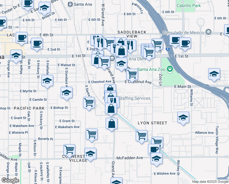 map of restaurants, bars, coffee shops, grocery stores, and more near 510 South Grand Avenue in Santa Ana