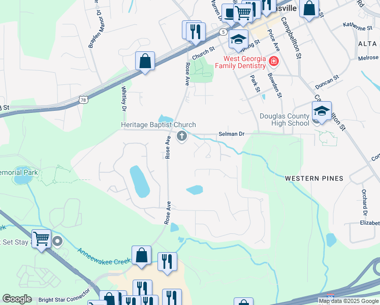 map of restaurants, bars, coffee shops, grocery stores, and more near 8846 West Hills Court in Douglasville