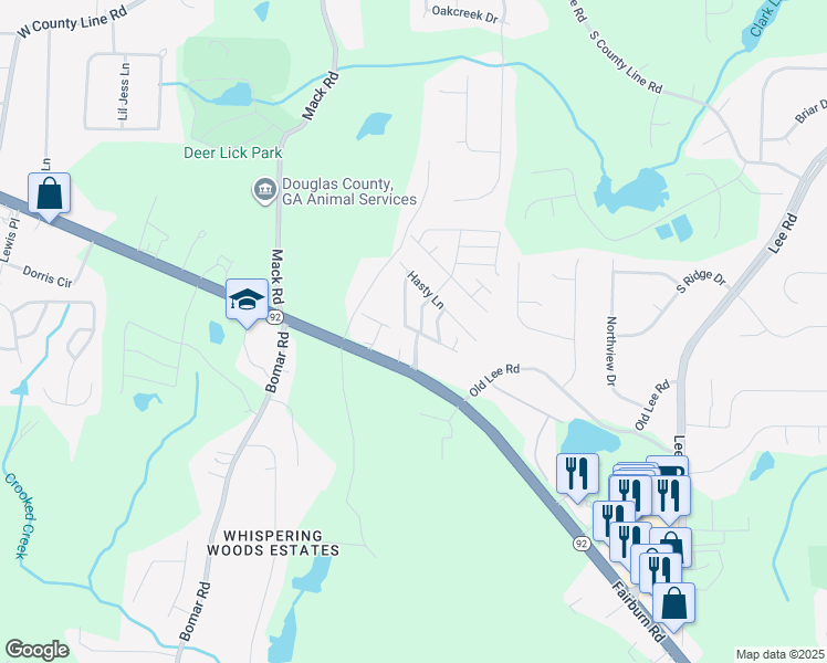 map of restaurants, bars, coffee shops, grocery stores, and more near Melissa Drive in Douglasville