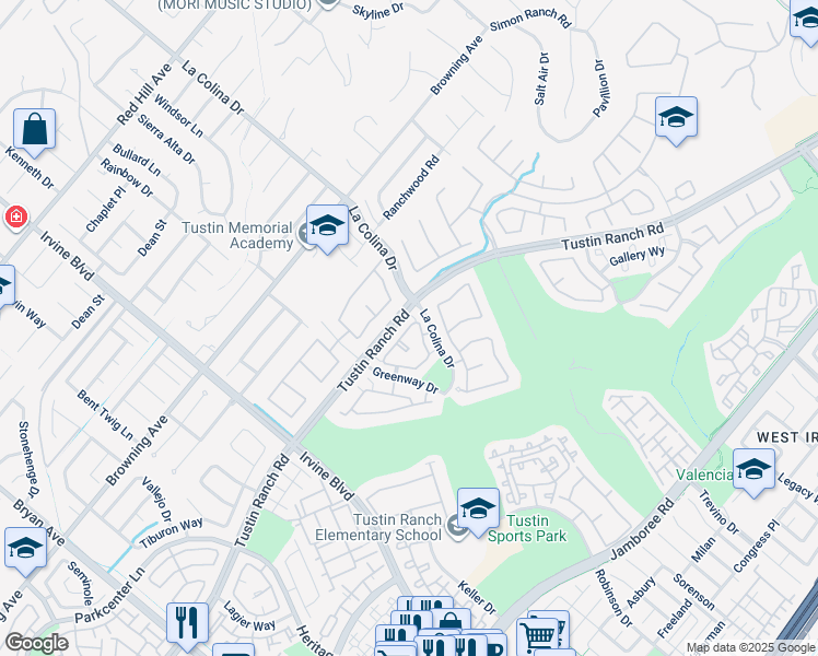 map of restaurants, bars, coffee shops, grocery stores, and more near 12605 Doral in Tustin